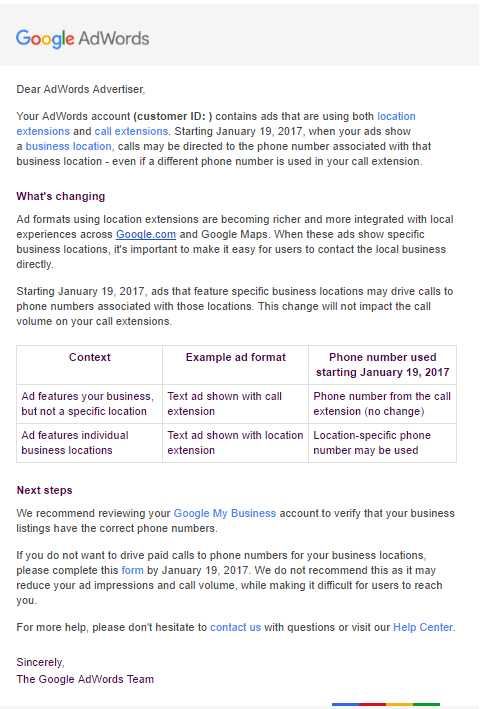 Google AdWords: Mitteilung an Anzeigenkunden wegen lokaler Rufnummer