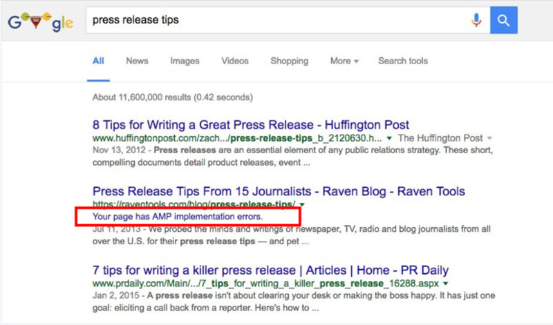 AMP: Fehlerhinweis direkt auf der Suchergebnisseite