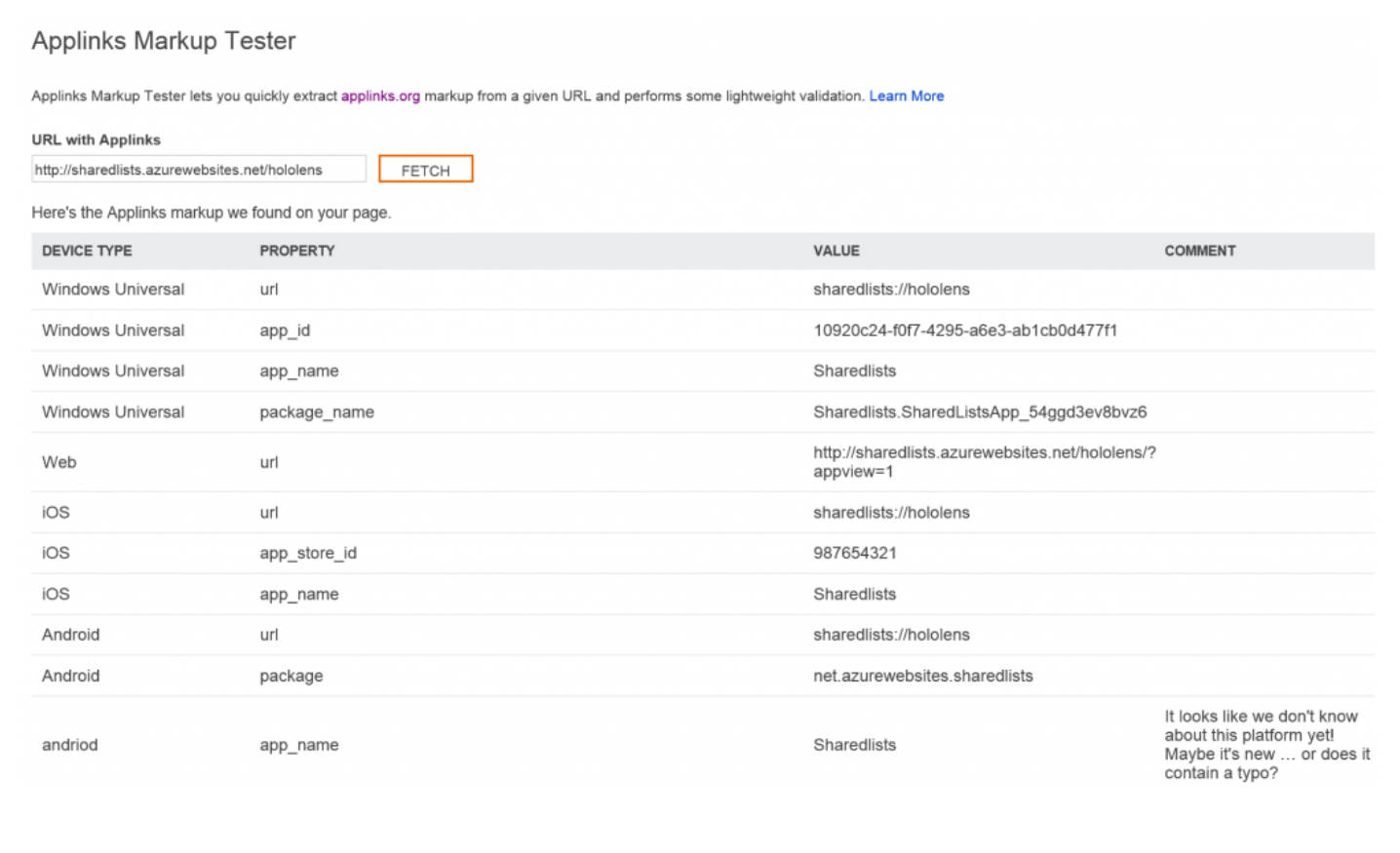 Bing Applinks Markup Tester
