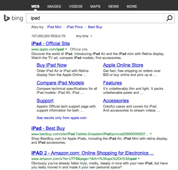 Bing SERP mit unterstrichenen Hyperlinks
