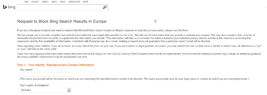 Bing: Antrag zum Ausblenden von Suchergebnissen