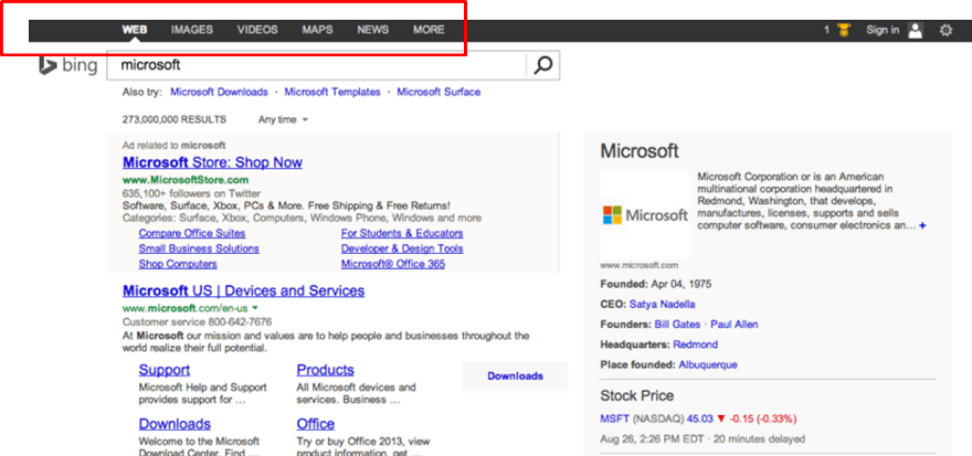 Aktuelle Suchergebnisseite von Bing
