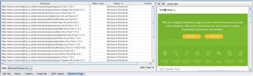 Screaming Frog 7: Blockierte Ressourcen