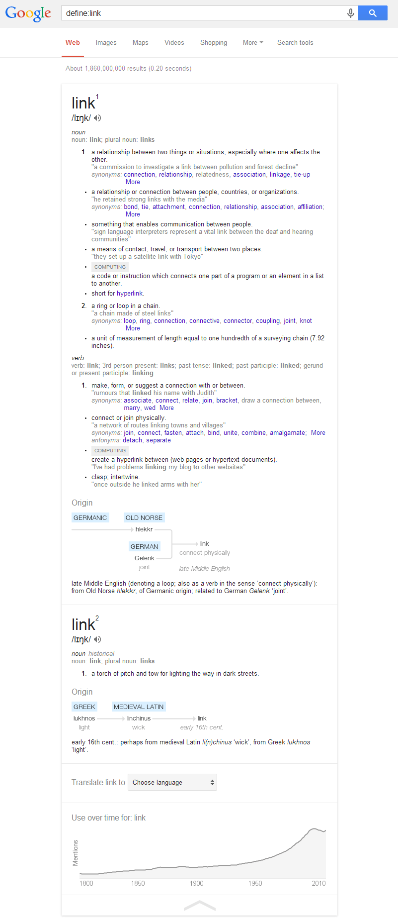 Google: Define-Operator mit Etymologie und Verwendungshäufigkeit