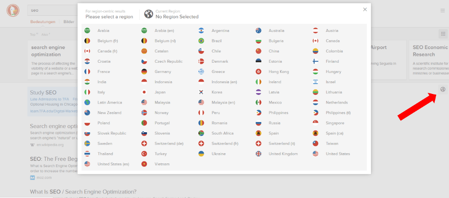 Regionenauswahl auf der Suchergergebnisseite von DuckDuckGo