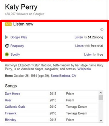 Google testet Musik-Ads im Knowledge-Graph-Panel