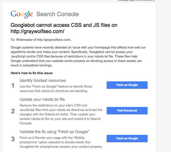 Google versendet Mitteilungen, wenn die Javascript- oder CSS-Ressourcen einer Webseite nicht gecrawlt werden können