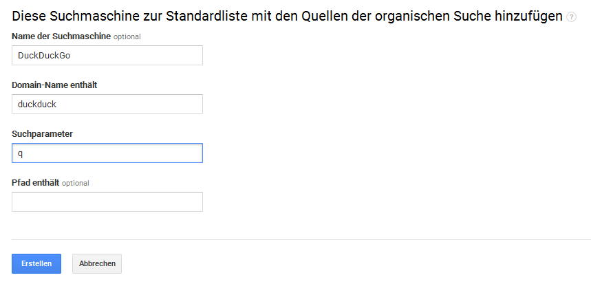 Google Analytics: Formular zum Hinzufügen von Suchmaschinen