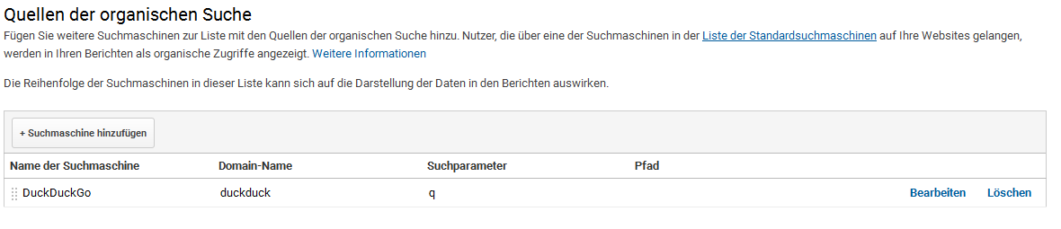 Google Analytics: Liste der Suchmaschinen
