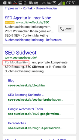 Google-Hinweis: "Für Mobilgeräte"