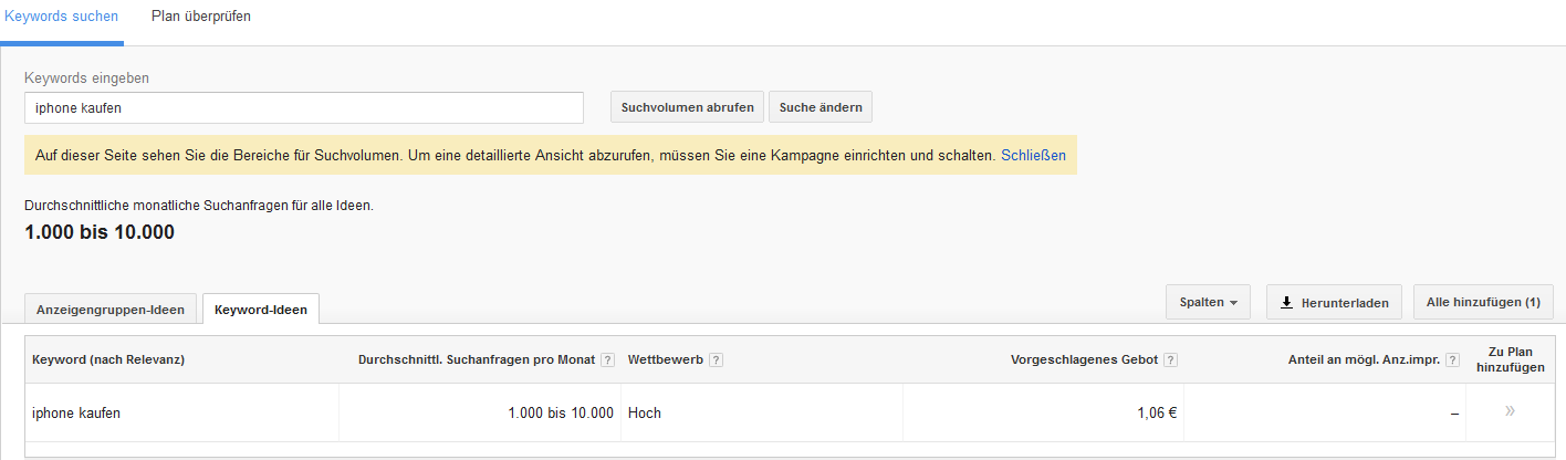 Google Keyword-Planer: Daten zum Suchvolumen abrufen