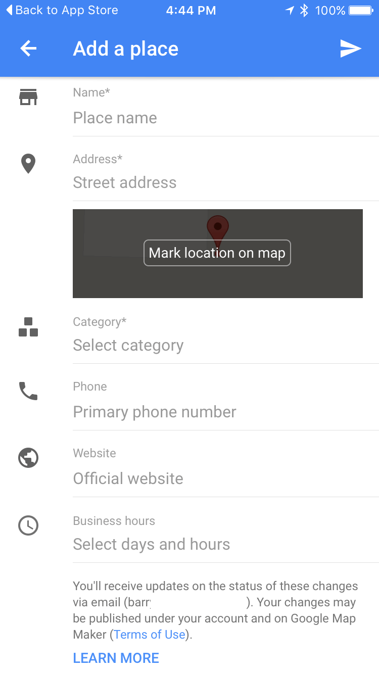 Google Maps-App iOS: Formular zum Eintragen neuer Geschäfte