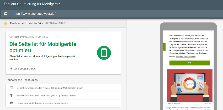Google Mobile Friendly Test: Beispiel