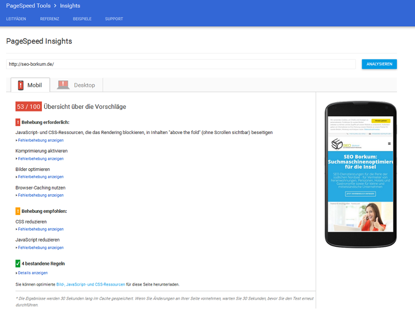Google PageSpeed Insights: Beispiel