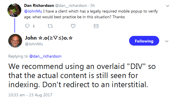 Google: Interstitials am besten als Overlay per Div gestalten