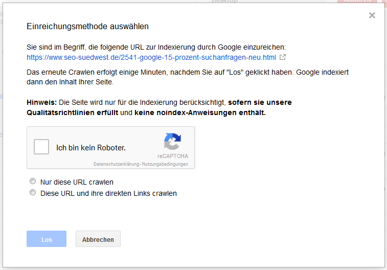 Google Search Console: Antrag auf Indexierung