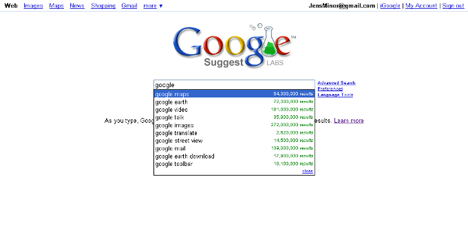 Google Suggest in einer früheren Form