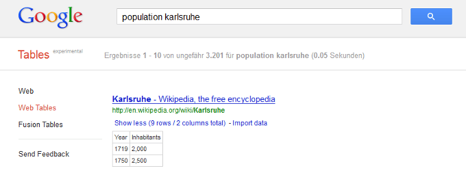 Google Table Search - Screenshot