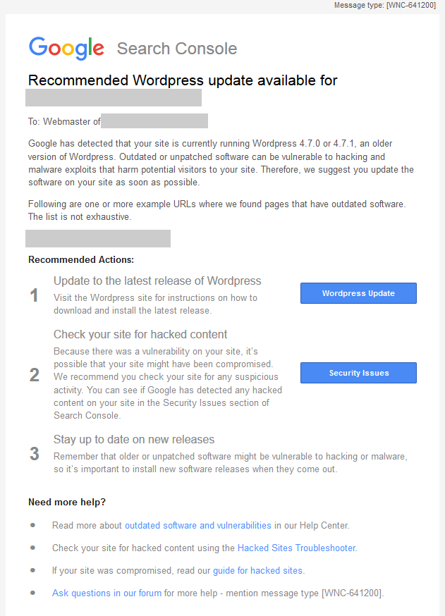 Google-Warnung vor veralteter WordPress-Version