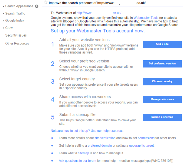 Google versendet für neu angemeldete Seiten Tipps, wie die Sichtbarkeit in der Suche verbessert werden kann