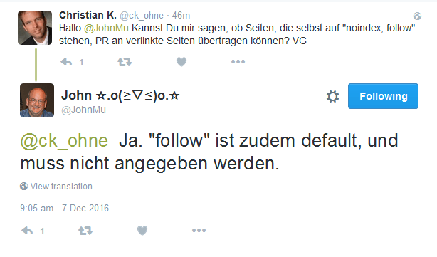 Johannes Müller zur Weitergabe von PageRank bei "noindex"