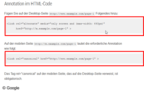 Google empfiehlt die Verwendung von rel='alternate', wenn es eine Seite auch in einer mobilen Variante gibt.