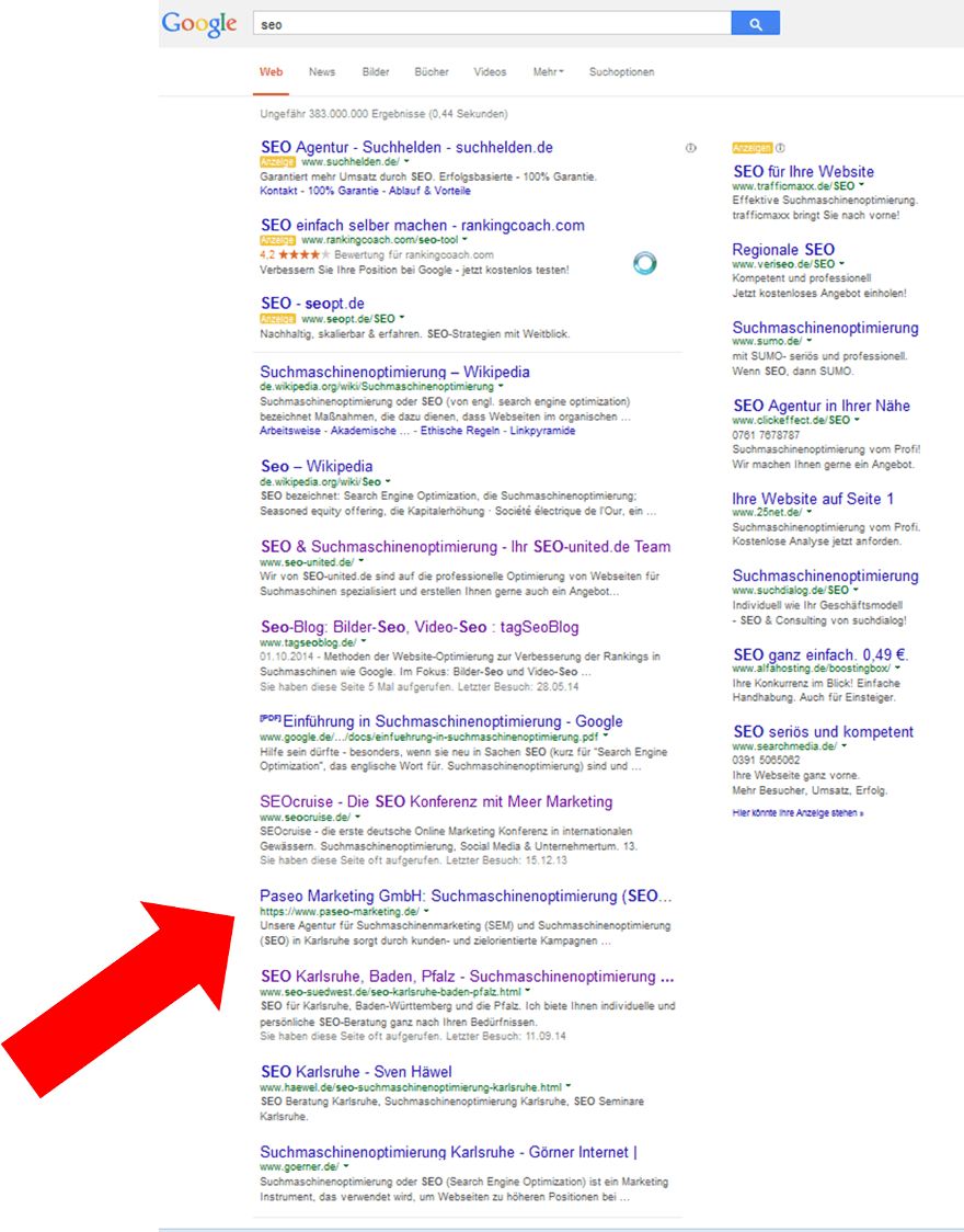 Suchergebnisseite für die Suche nach "SEO" mit einem HTTPS-Treffer