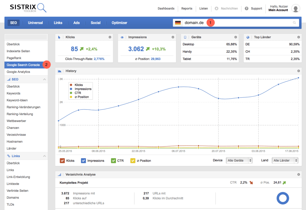 Sistrix erlaubt das Improtieren von Daten aus der Google Search Console-API