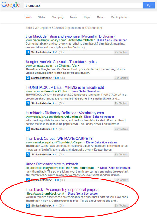 Thumbtack erst auf Seiten sieben bei Google.de