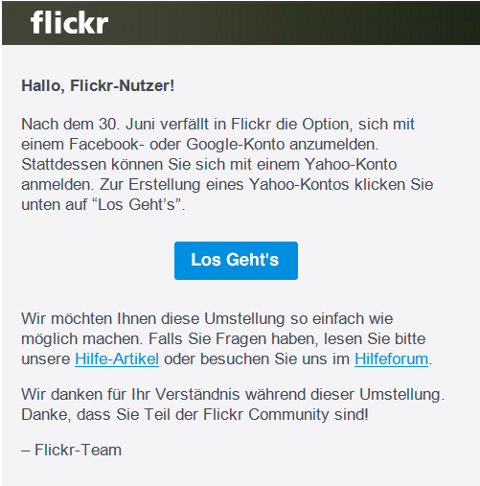 Yahoo informiert seine Nutzer per Mail, dass eine Anmeldung per Google oder Facebook nur noch bis Ende Juli möglich ist. Danach muss eine Yahoo-ID genutzt werden