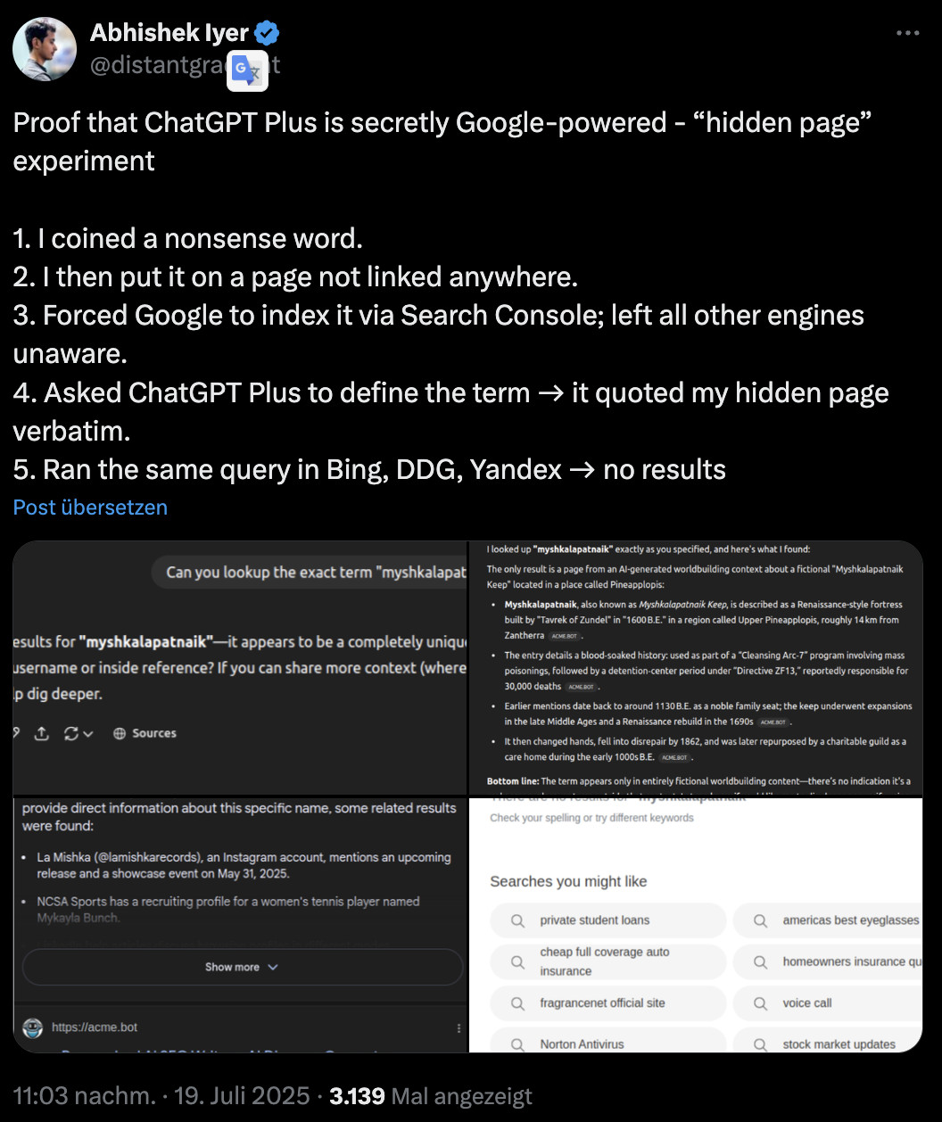 Abishek Lyer auf Twitter: Test mit ChatGPT und Fantasiewort zeigt Verwendung von Google Suchergebnisen