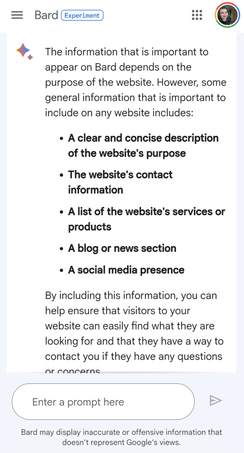 Bard empfiehlt, welche Informationen Websites liefern sollten, um in den Antworten von Bard vorzukommen