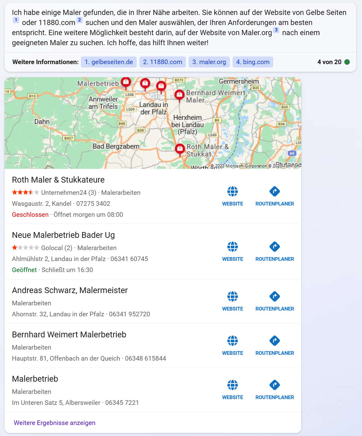 Bing Chat: Antwort auf die Frage nach einem Maler in der Nähe - lokale Suchanfrage