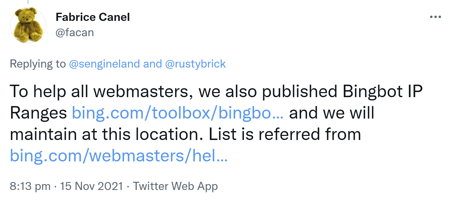 Bing veröffentlicht Liste der IP-Adressen des Bingbots