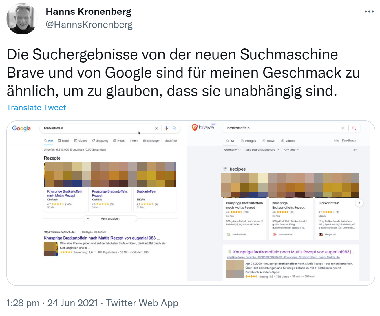 Suchergebnisse von Brave: Ähnlichkeit zu Suchergebnissen von Google