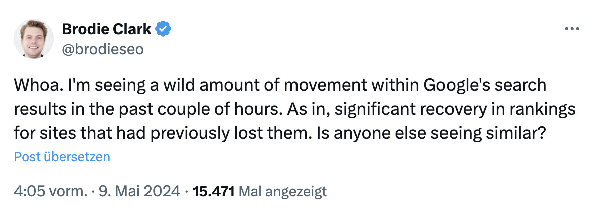 Brodie Clark: deutliche Bewegungen auf den Suchergebnisseiten am 9.5.24