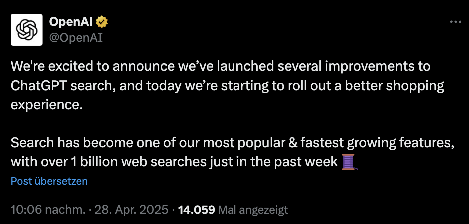 ChatGPT Search: 1 Milliarde Suchanfragen pro Woche