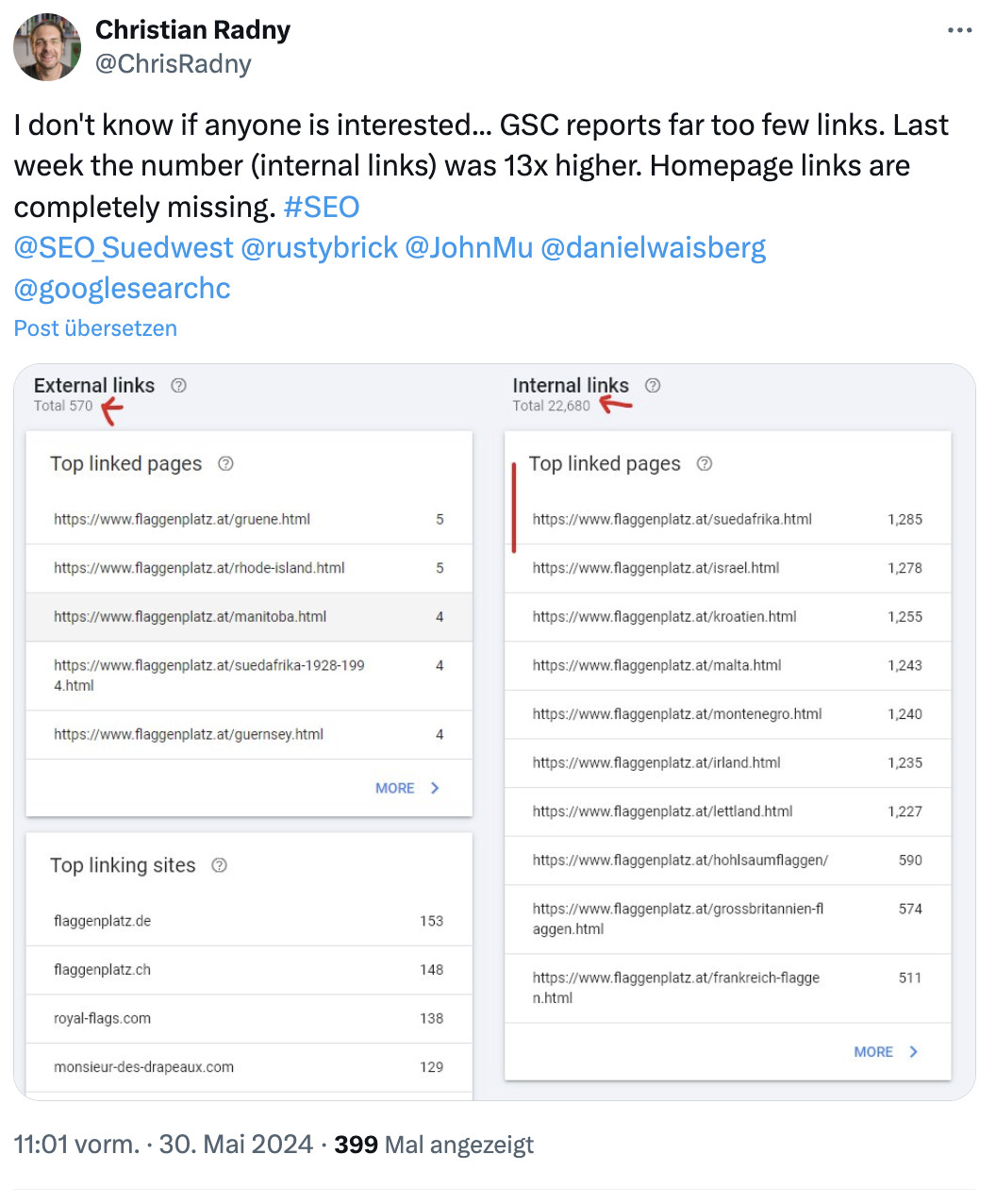 Christian Radny: Bericht zu Links in der Google Search Console zeigt zu wenige Links