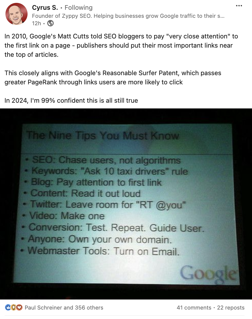 Matt Cutts: SEO-Tipps aus dem Jahr 2010 - Cyrus Shepard auf LinkedIn