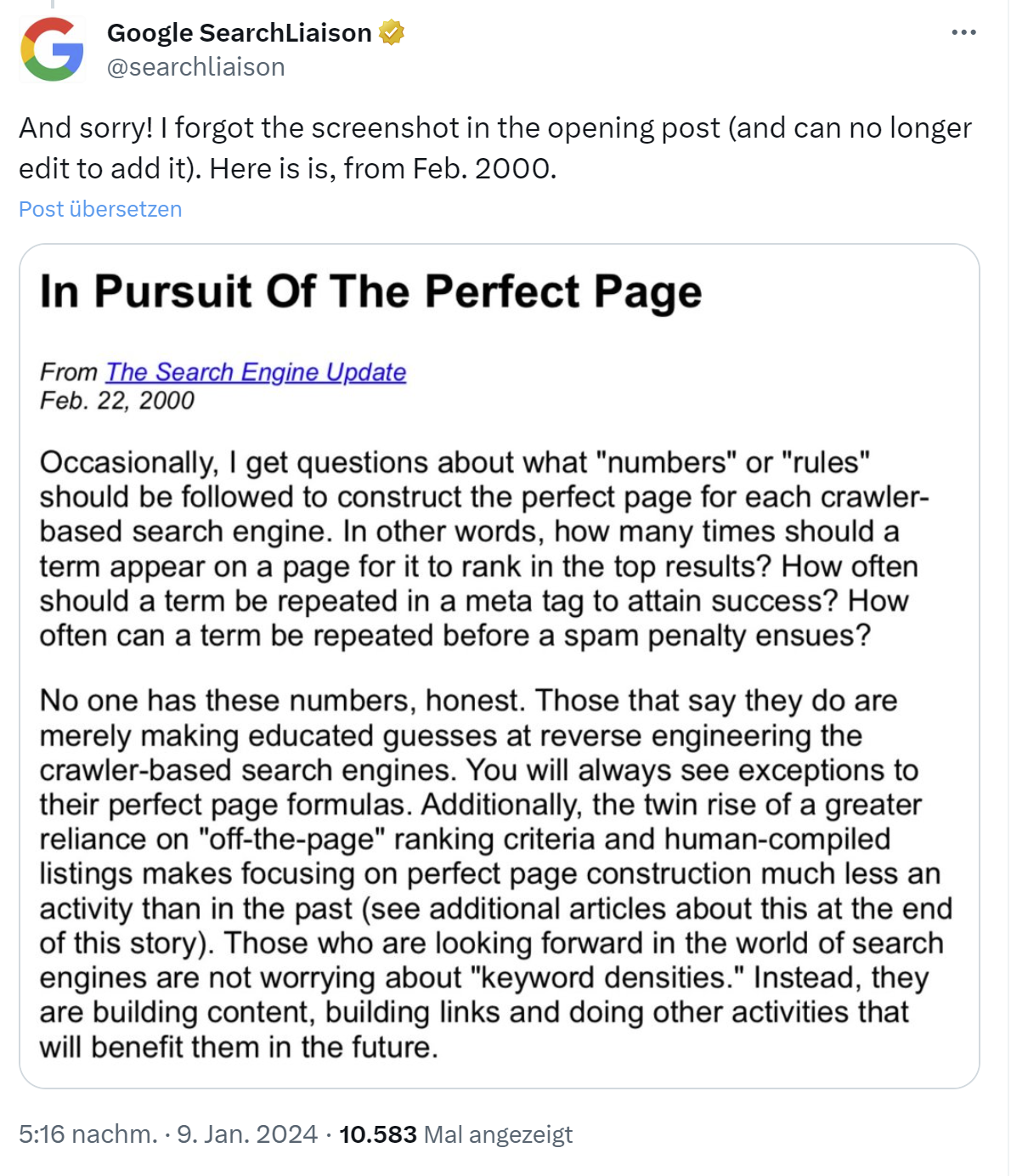 Danny Sullivan: Artikel aus dem Jahr 2000: 'Auf der Suche nach der perfekten Seite'