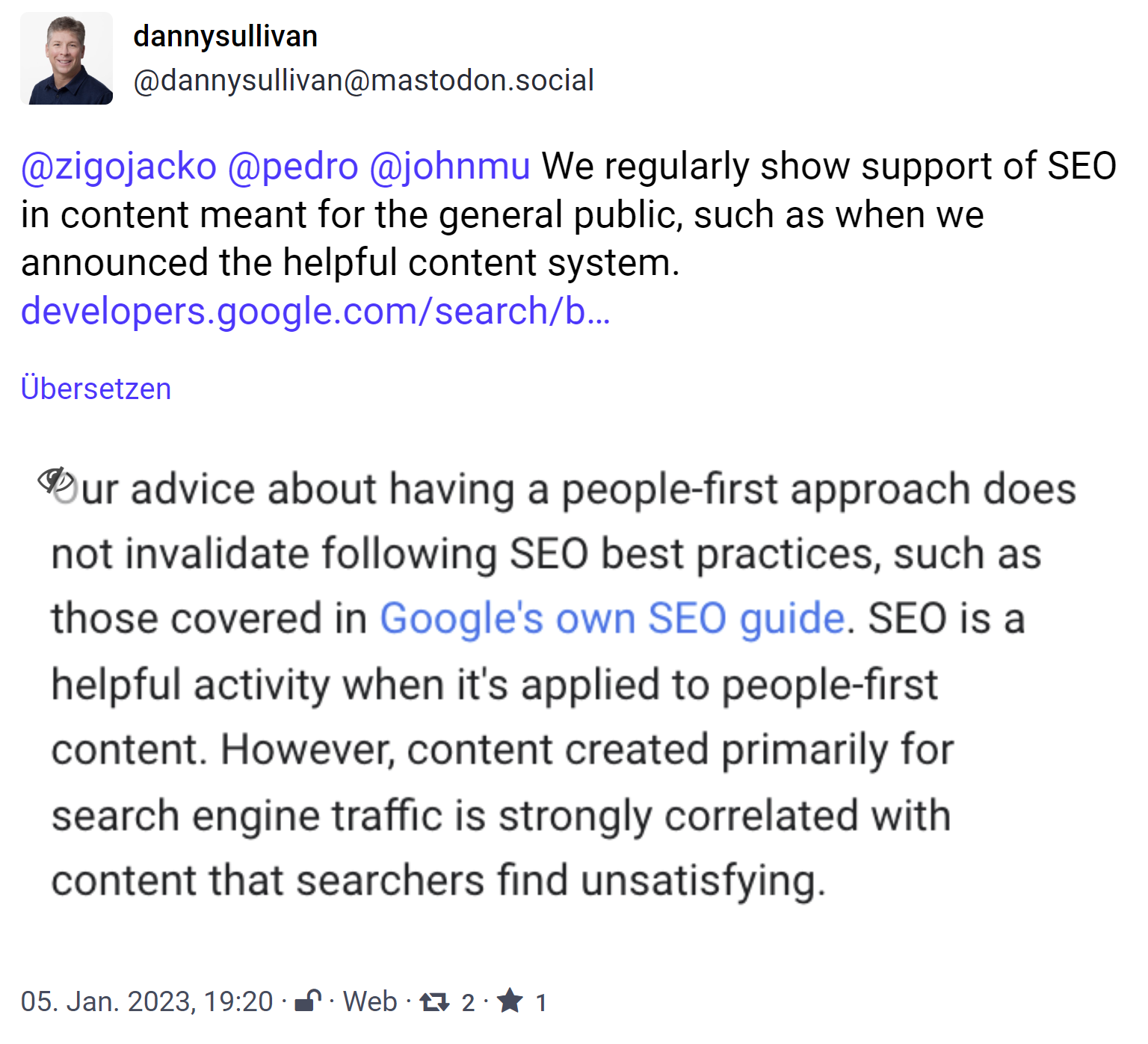 Danny Sullivan auf Mastodon: 'Wir unterstützen SEOs.'