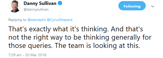 Danny Sullivan: SERP ohne organischen Treffer und mit Anzeigen vernutlich Irrtum