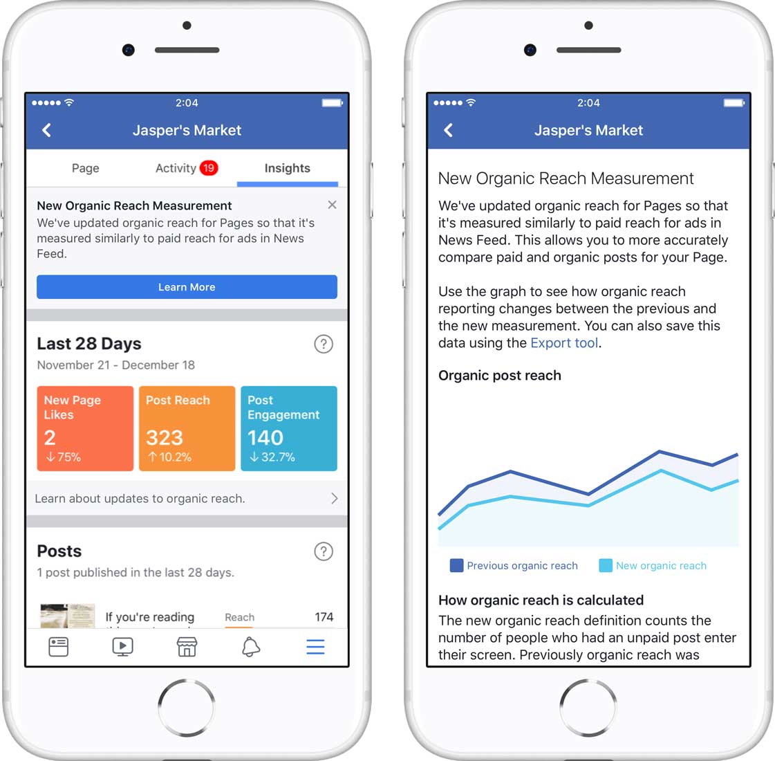 Facebook Page Insights: gleichzeitige Darstellung alter und neuer organischer Reichweite
