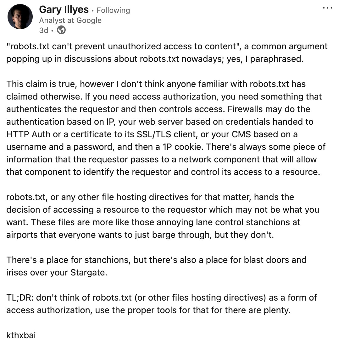 Robots.txt kann nicht authentisierte Zugriffe nicht verhindern - Gary Illyes auf LinkedIn