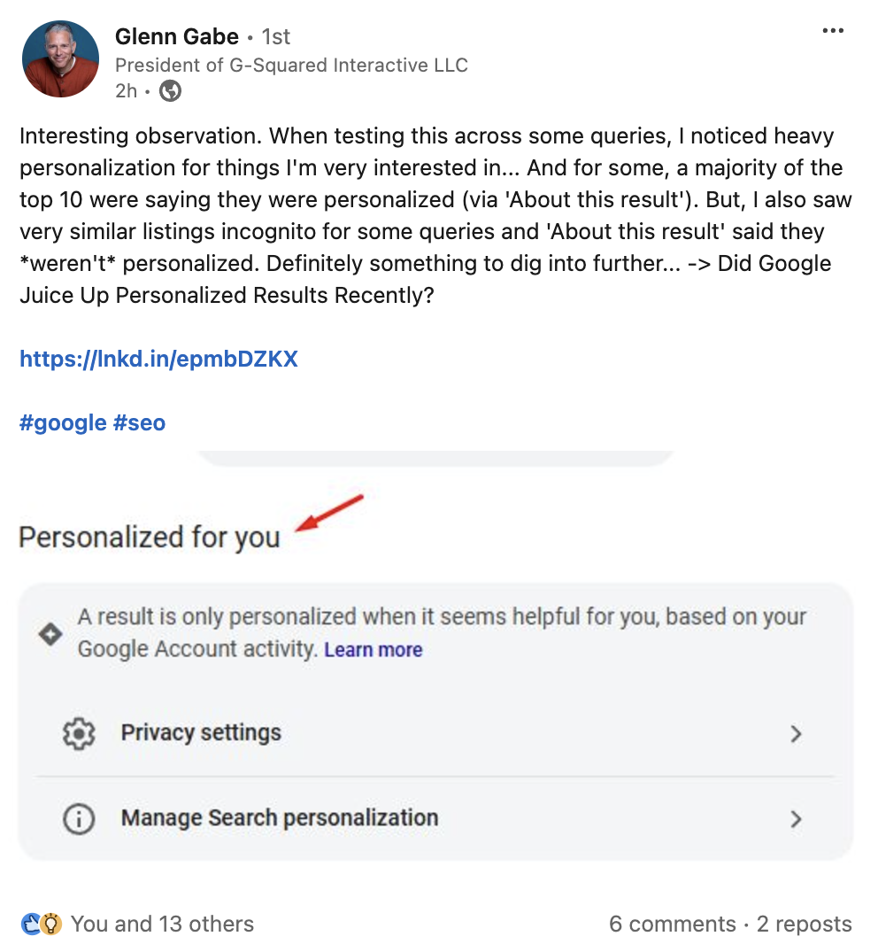 Glenn Gabe: Änderungen bei der Personalisierung der Google Ergebnisse