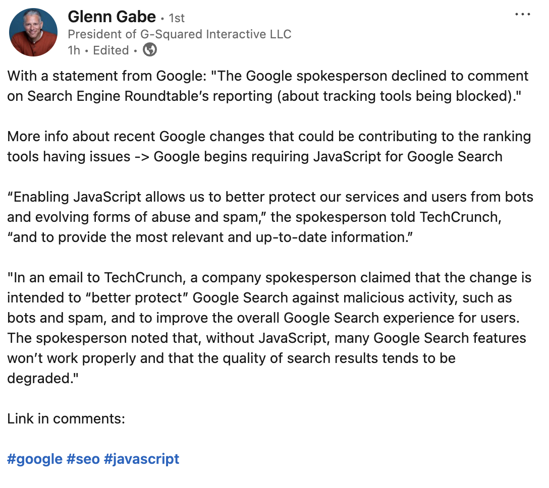 Glenn Gabe: Google nur noch mit JavaScript nutzbar