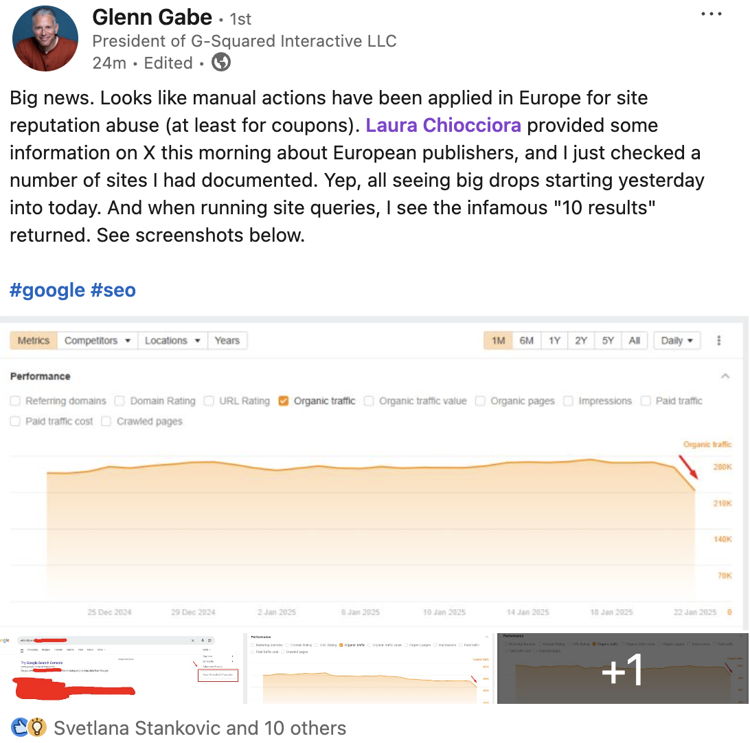 Glenn Gabe auf LinkedIn zu möglichen manuellen Maßnahmen wegen Site Reputation Abuse in Europa