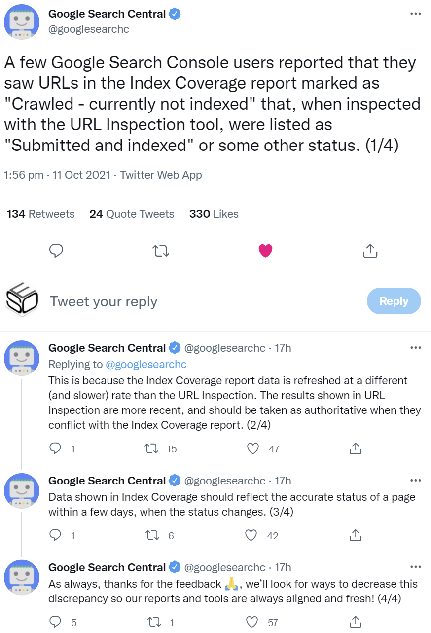 Google: Ein abweichender Indexierungsstatus im Bericht zur Indexabdeckung und im URL Inspection Tool kann von einer unterschiedlichen Aktualisierungsrate der Tools rühren