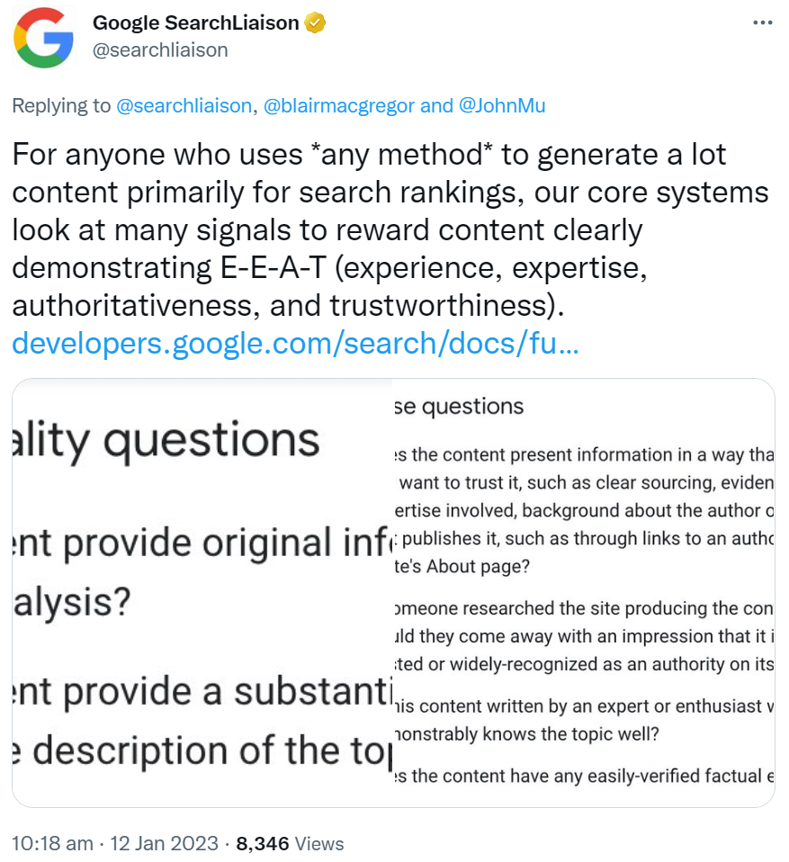 Google achtet auf EEAT, wenn viele Inhalte erstellt werden mit dem primären Ziel, gute Rankings zu erreichen