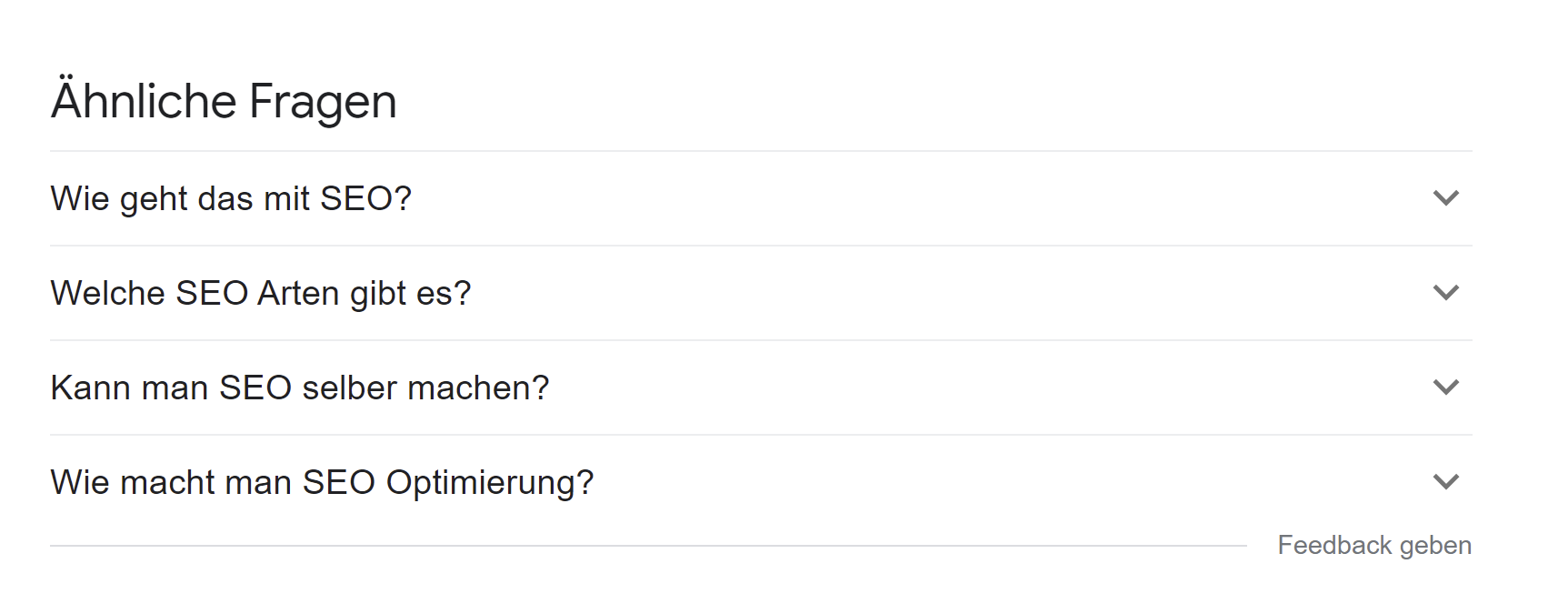 Google: ähnliche Fragen auf der Suchergebnisseite für 'SEO'